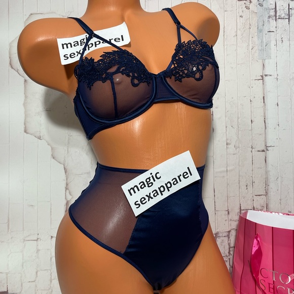 VS LUXE 36 38 DRAGON EMBROIDERY APPLIQUÉ BRA PANTY SET SATIN MESH - Picture 2 of 3